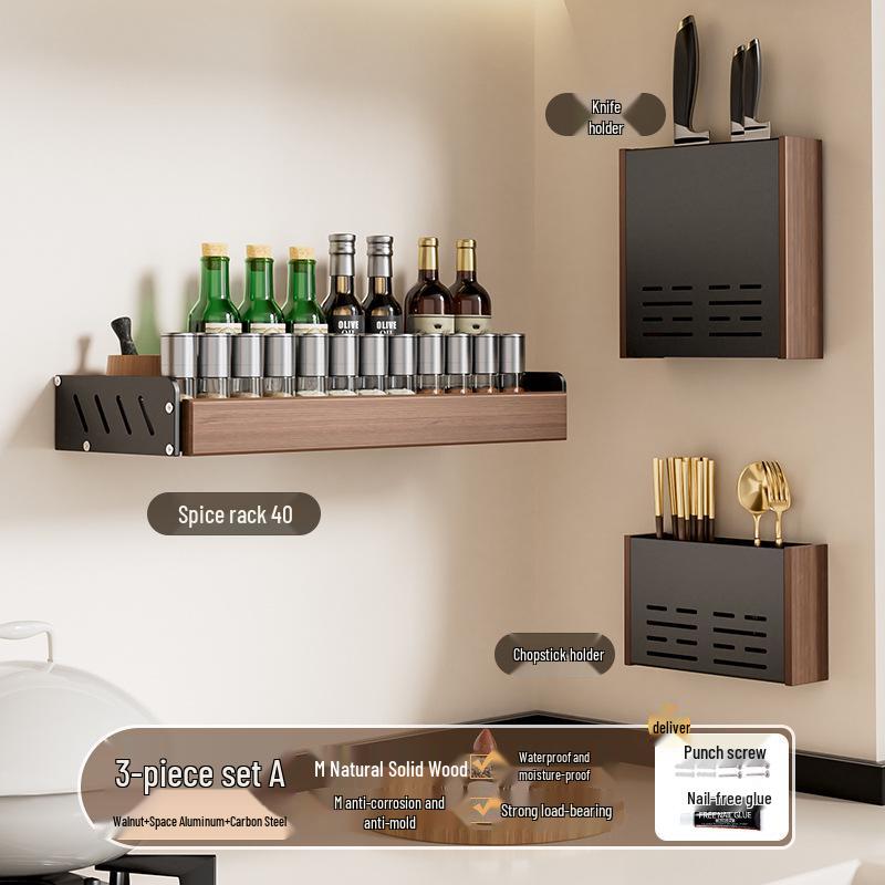 Punch-Free Wall-Mounted Walnut Kitchen Storage Rack: Multi-Layer Spice Shelf