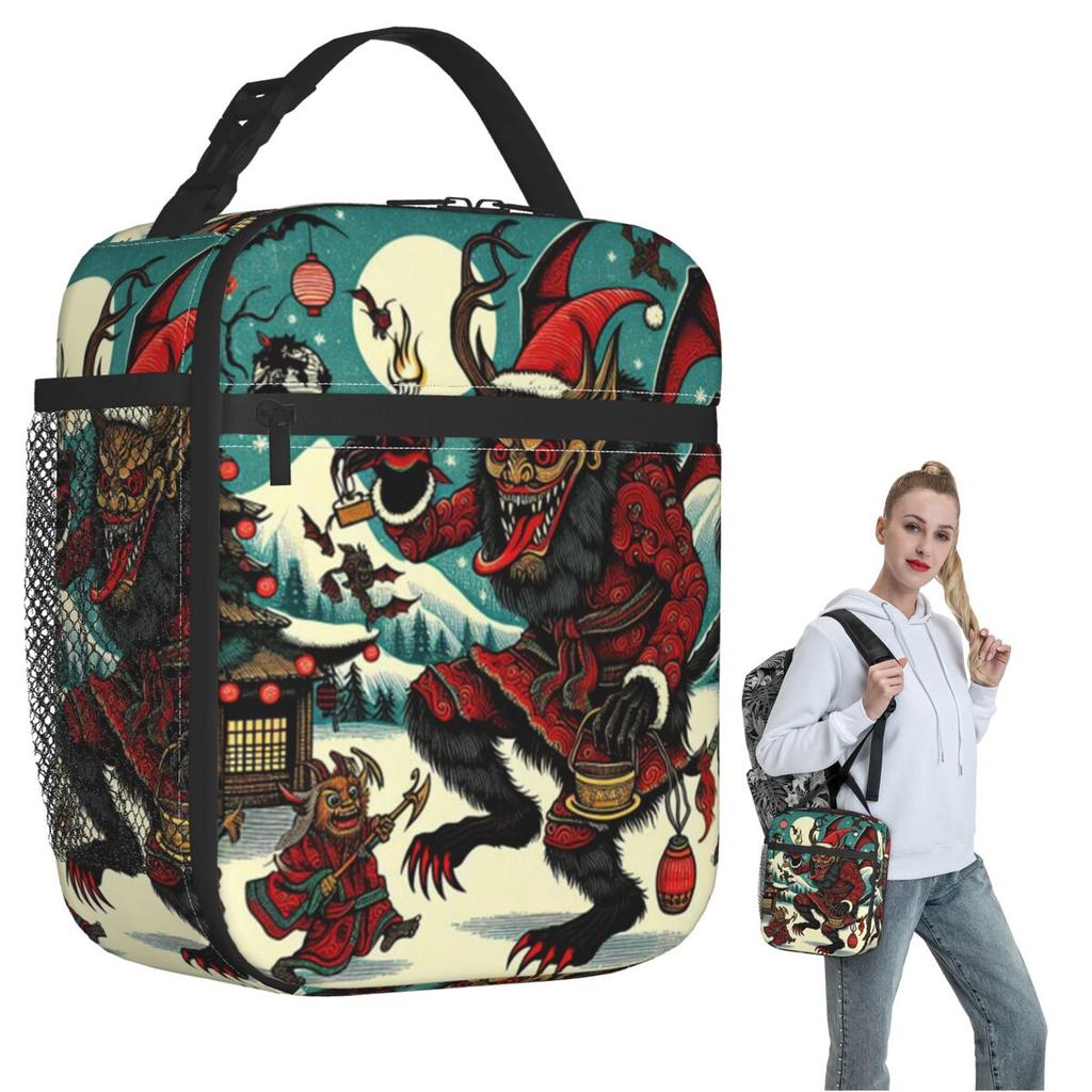 Japanese Woodcut Krampus Insulated Lunch Bag for Women Children Portable Food Boxes Thermal Lunch Box Tote