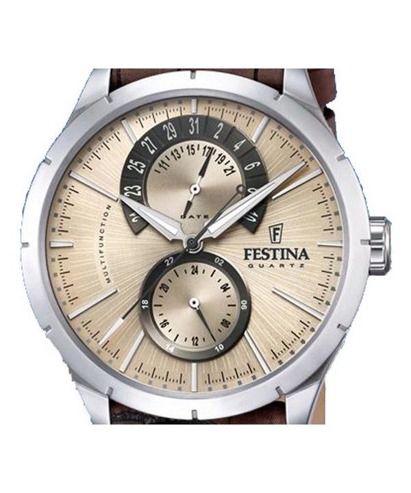 FESTINA Многофункциональные кварцевые мужские часы с кожаным ремешком в стиле ретро F16573-9 с бежевым циферблатом