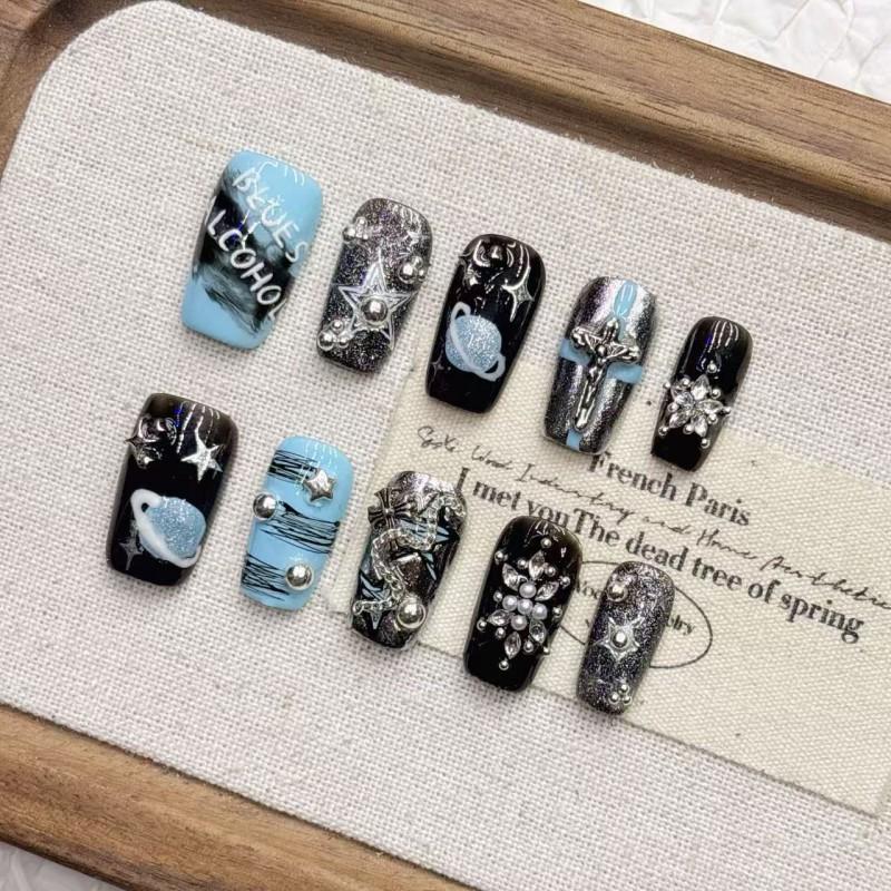 Handmade Short Almond Press-On Nails With Blue Cosmic Gradient Design Women Girls