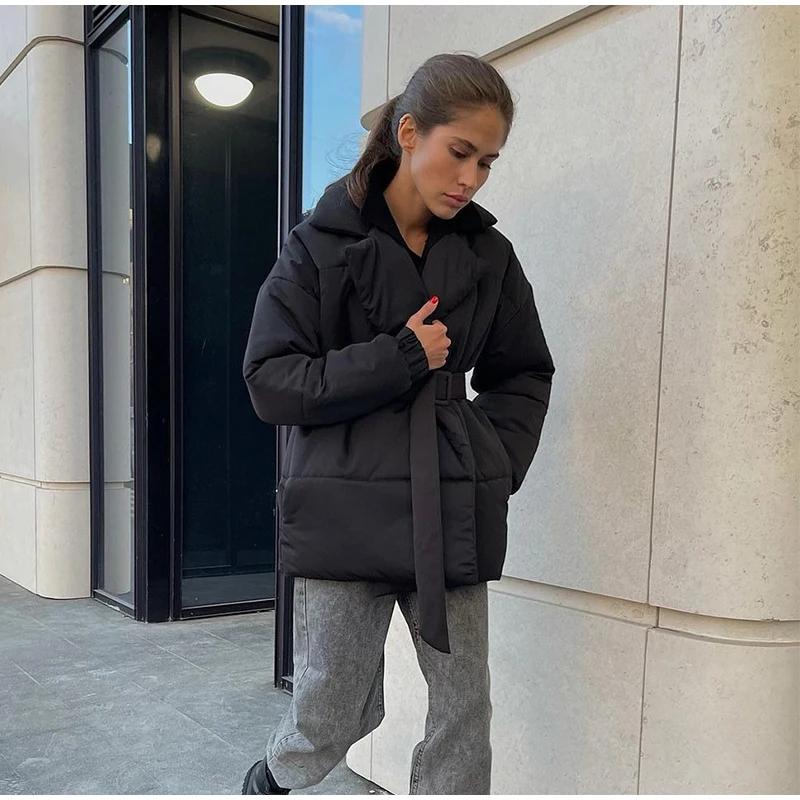 Belt Solid Color V Neck Women Coat Long Sleeve Thicken Female Jacket Winter Autumn Lace Up Pocket Fashion Lady Outwear