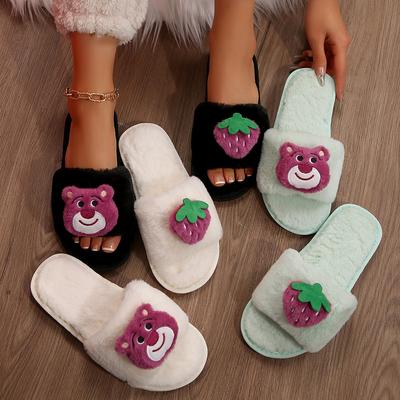 Теплые пушистые тапочки женские толстые пушистые меховые тапочки клубничный медведь зимние домашние шлепанцы домашние тапочки плоская домашняя обувь на полу