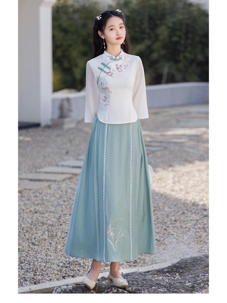 Женский ретро вышитый хлопково-льняной ханьфу в стиле Китайской Республики, костюм для чаепития в стиле дзен