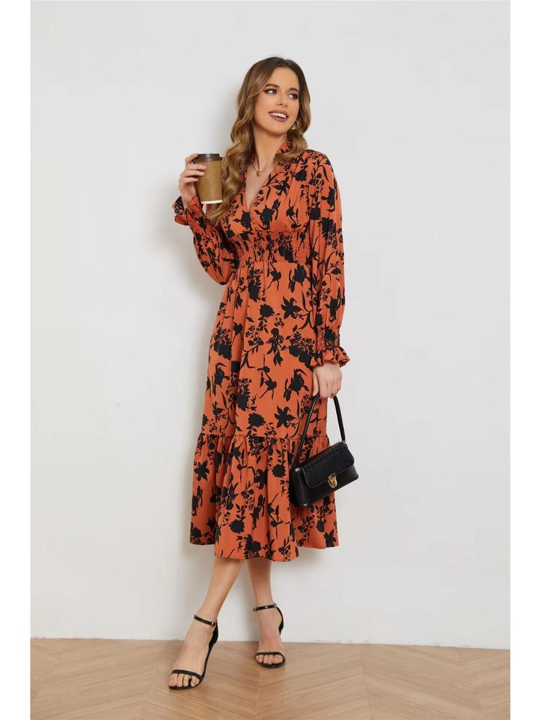 Оранжевое Новое Длинное Платье Для Женщин Пуловер V-образный Вырез Рукава Фонарики А-силуэта Цветочный Принт Элегантное Женское Платье