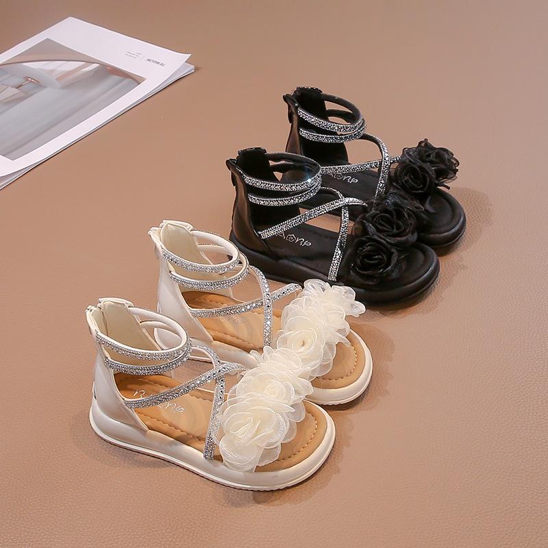 Сандалии принцессы для девочек с цветами, летняя мода, детская обувь со стразами, мягкая подошва, гладиаторские сандалии для больших детей