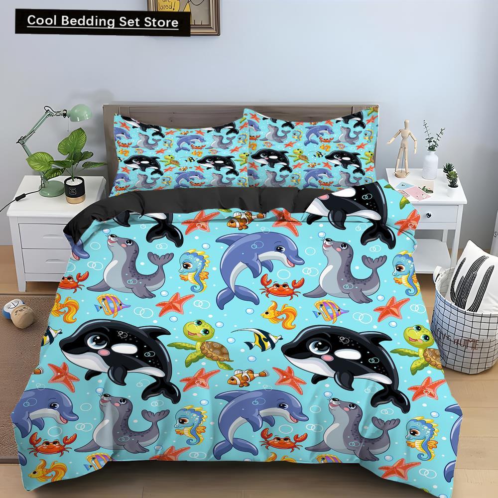 Bule Dolphin Whale King Queen Duvet Cover Underwater World Bedding Set Cartoon Sea Animal Comforter Cover Polyester Quilt Cover