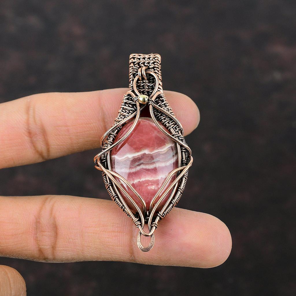Подвеска с родохрозитом, медная проволока, кулон, драгоценный камень, медные украшения, кулон ручной работы, проволочная пленка, ювелирный подарок для мамы, кулон с камнем по случаю рождения