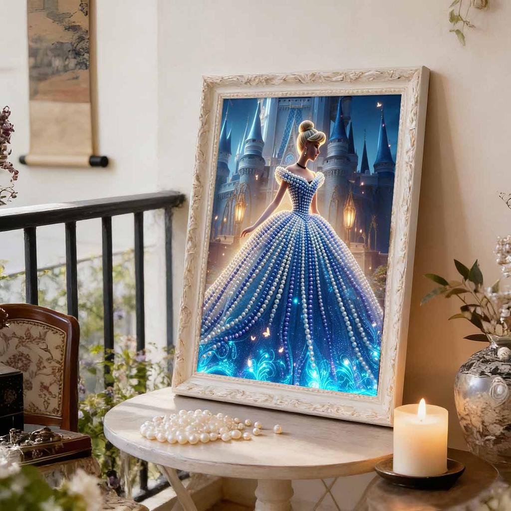 Disney Жемчужная живопись Золушка Синее платье Замок Вид сзади Креативный Изысканный пейзаж Сверкающая картина Ремесло Домашняя настенная декорация DIY Ручная работа Подарок