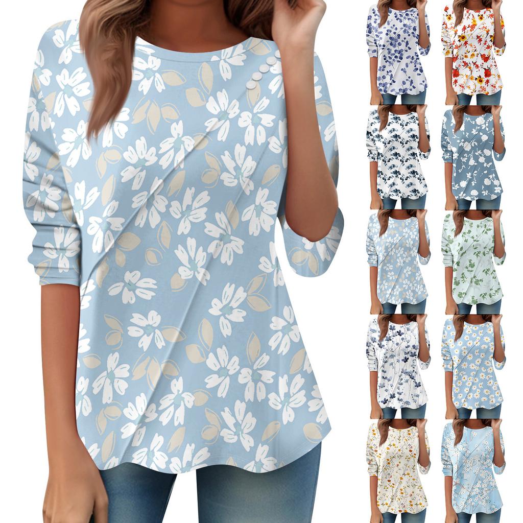 Women's Loose Casual Long Sleeve Top Round Neck Button Pull Stripe Prints T Shirt