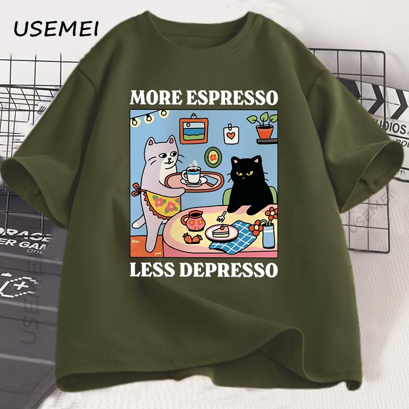More Espresso Less Depresso Black Cat Tshirt Unisex Women Funny Coffee Cat T Shirt Casual Summer Cotton Short Sleeve Tshirt Tops
