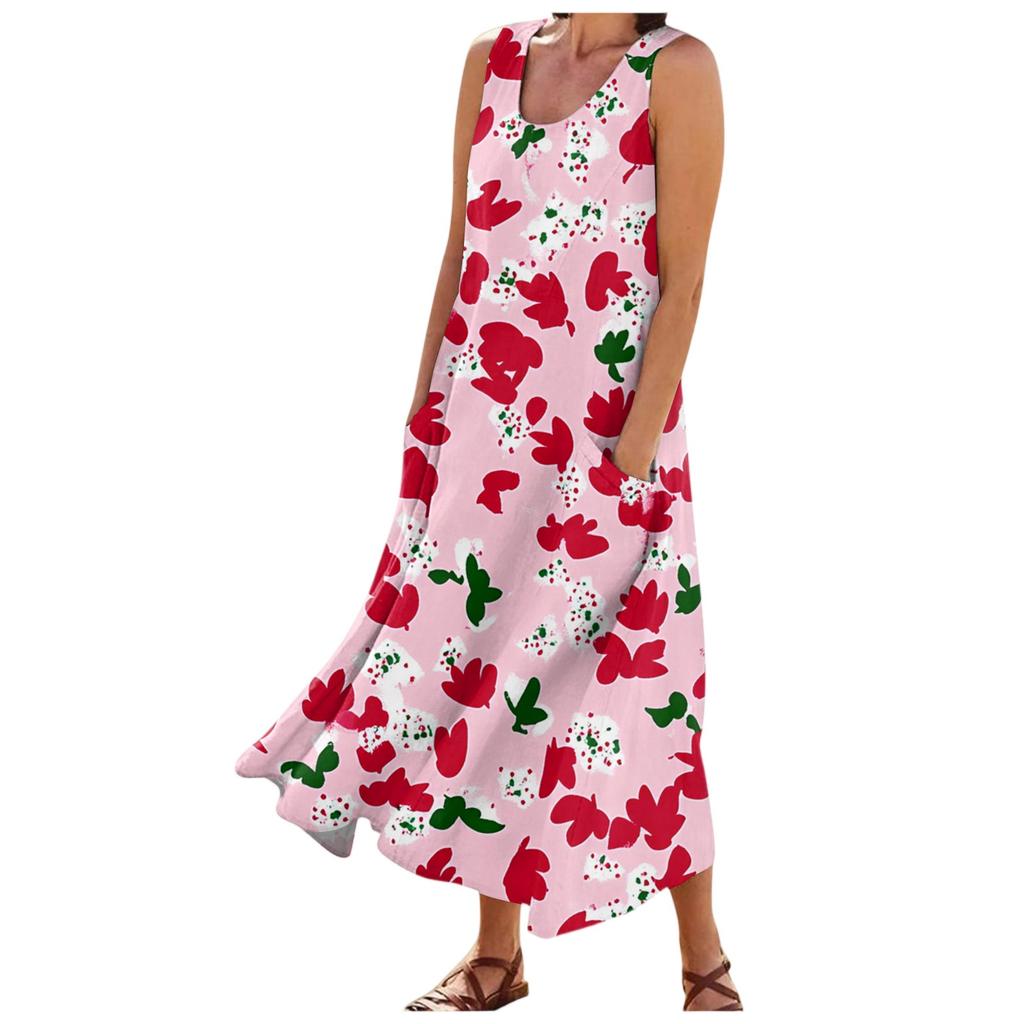 Женские модные летние повседневные платья без рукавов с цветочным принтом и маленькими карманами