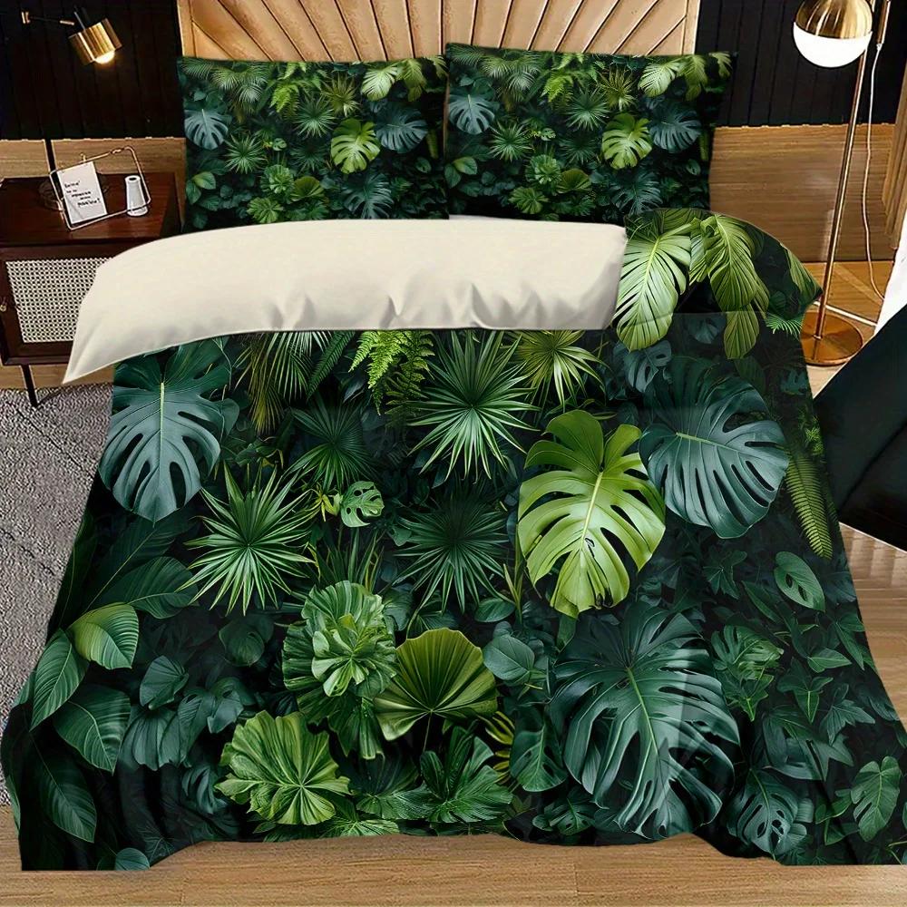 3pcs Dark Green Tropical Plants Printed Quilt Set- Includes 1 Quilt Cover and 2 Pillow Cover (without Filler)