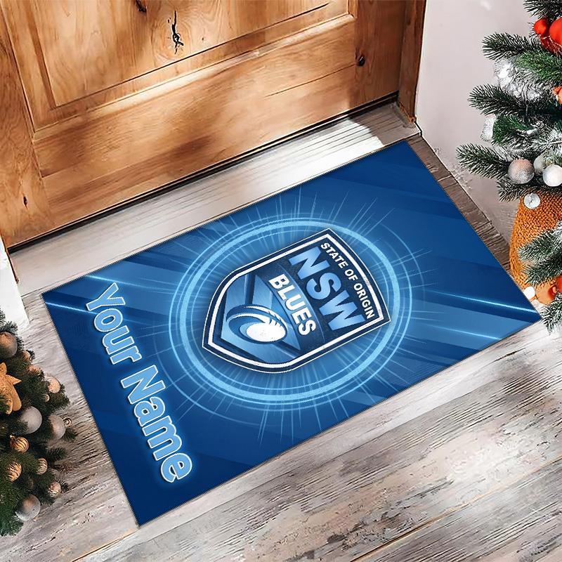 NSW Blues logo Crystal Velvet Rug, Custom Name Text Personalized Non‑Slip Floor Mat for Home Decor Gift