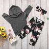 Серая толстовка с длинными рукавами для маленьких девочек, топ + брюки с цветочным принтом + повязка на голову, комплект из 3 предметов, одежда для детей 0–24 месяцев