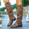 Women'S Leopard Print Mid-Calf Boots - Slip-On Chunky Heel Round Toe Cover Knee-High Boots for Spring Animal Print Design, Comfortable Fabric Lining