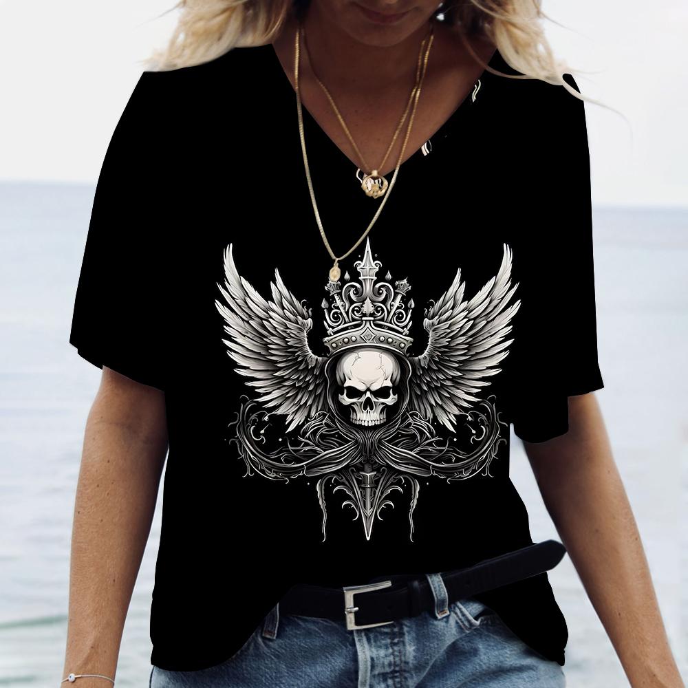 3D Черепа Цветочный Принт Женские Футболки Модные Футболки С V-образным Вырезом Короткие Рукава Летняя Повседневная Женская Одежда Свободные Топы Уличная Одежда