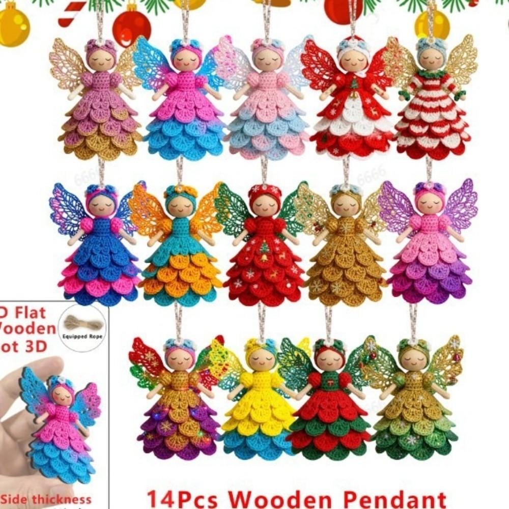 14/28 pcs 2D Flat Christmas Hanging Ornament Colorful Design Wings Girl Pendant Holiday Party