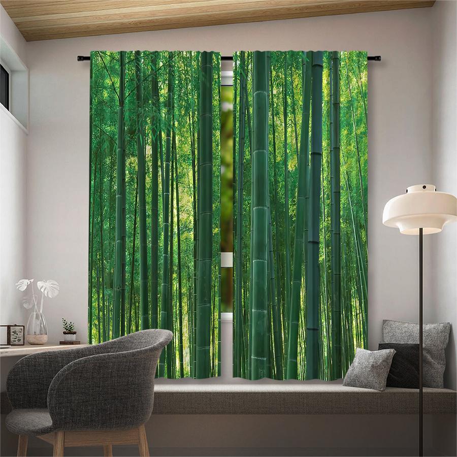 2 штуки штор с принтом зеленого бамбукового леса, шторы с кулиской, для спальни и гостиной, домашний декор, украшение комнаты