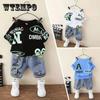 Children's Clothing Boy Summer Suit Cartoon Boy Western Style Children's All-match Short-sleeved Two-piece Suit Cropped Pants + T-shirt Suit