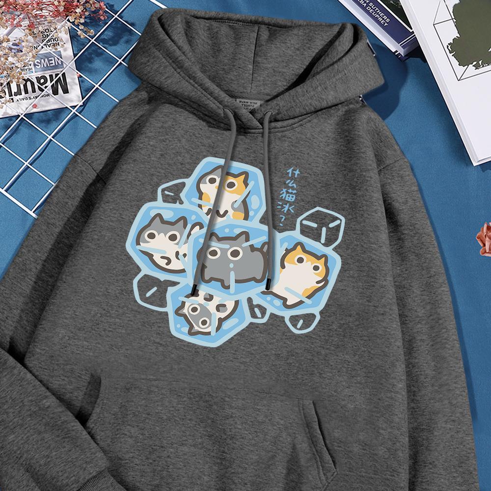 Толстовка с капюшоном Ice Cat Fun Cartoons Cats для мужчин и женщин в стиле Харадзюку, повседневная одежда, свободный свитер в стиле Streetwear, толстовки с капюшоном