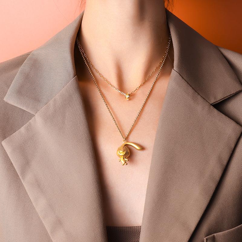 Cartoon Rabbit Pendant Double Layered Wearing Zircon Necklace for Women Winter Sweater Chain Titanium Steel Ornaments