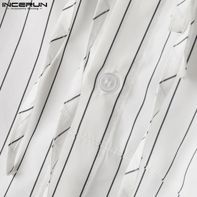 INCERUN Осенние мужские рубашки в полоску с длинным рукавом и воротником-стойкой, топы с повязками Bagge