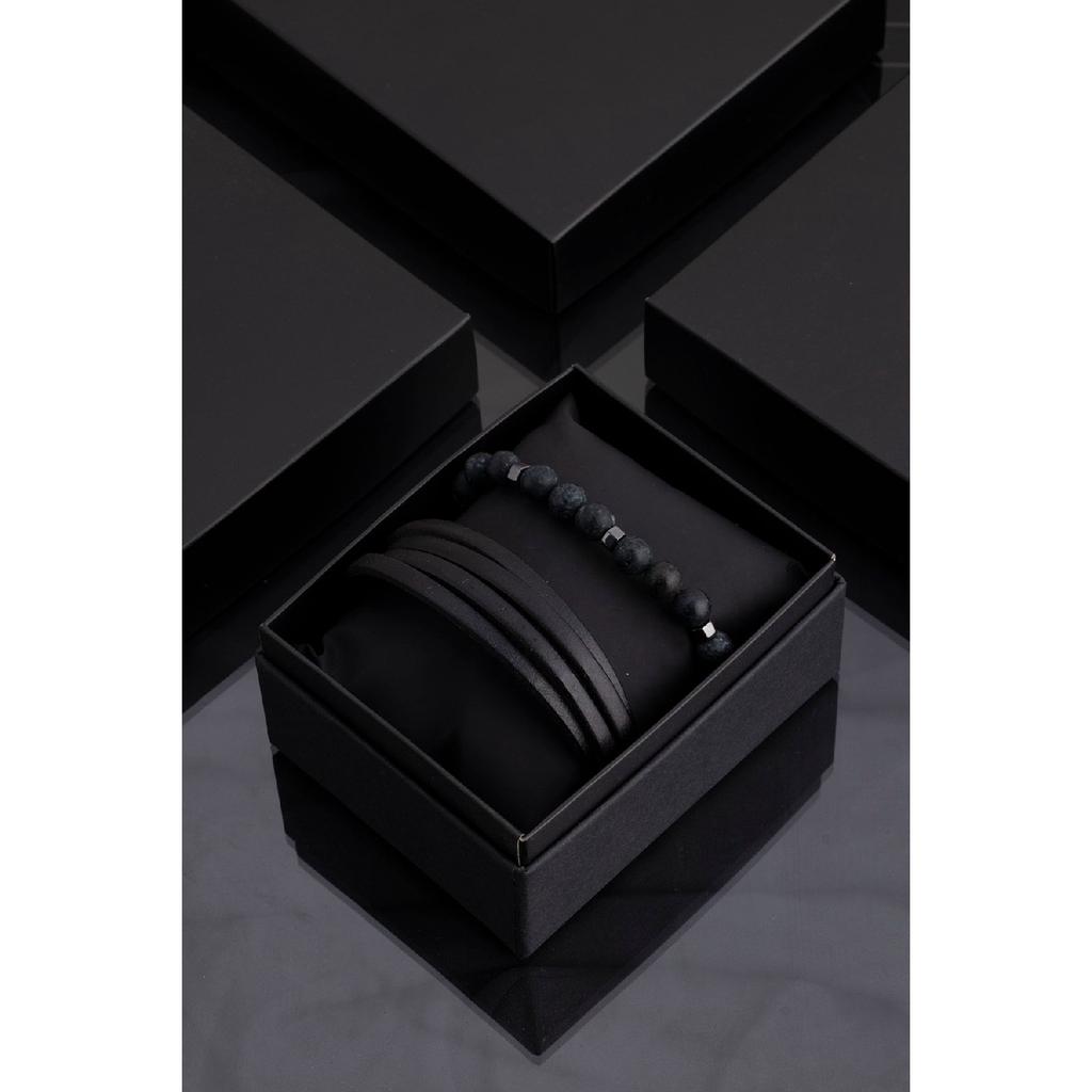 Мужской комбинированный браслет из черной натуральной кожи и гематита из натурального камня 001