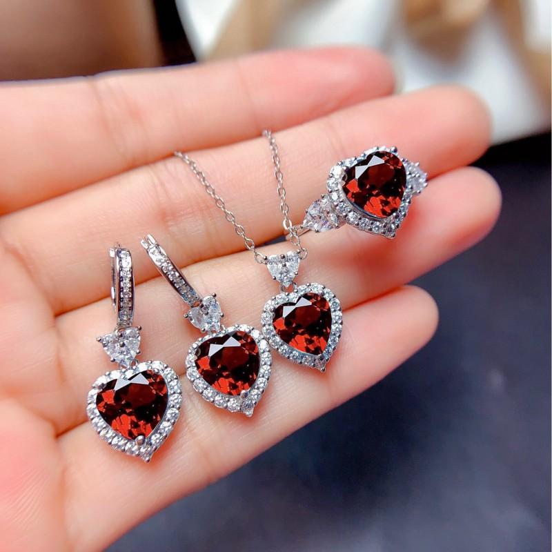 Elegant CZ Gemstone Pendant Necklace Set With Earrings Ring Women Blue Red Yellow Green Purple White Zircon Jewelry