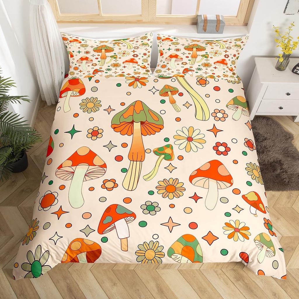 Retro 60S 70S Groovy Flower Duvet Cover,Colorful Hippie Floral Bedding Set Queen,Cartoon Rainbow Mushroom Daisy Comforter Cover