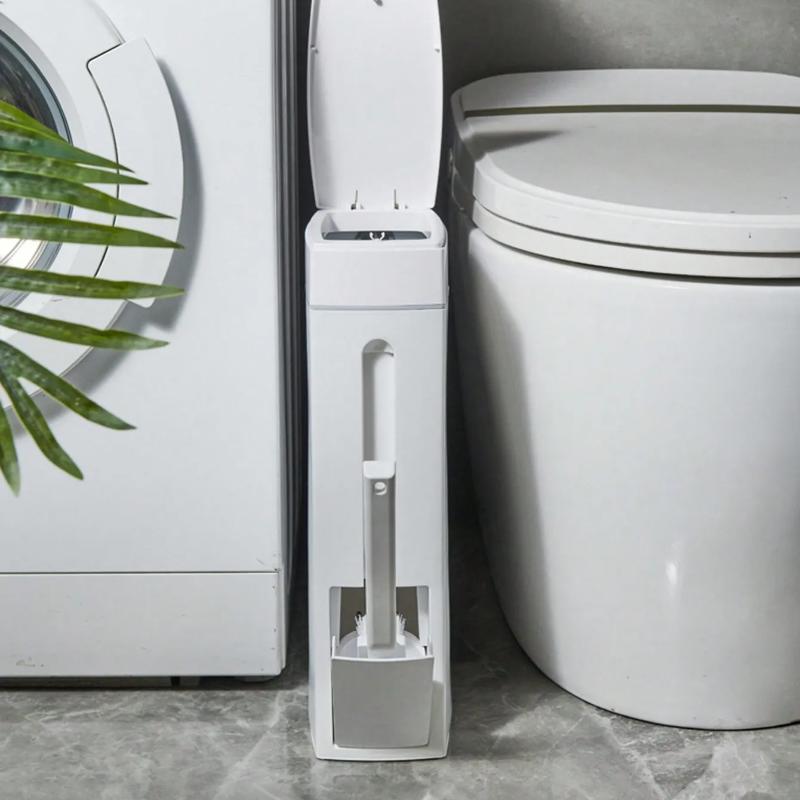 Ультратонкое мусорное ведро для ванной комнаты, крышка с нажатием, бесшумное закрывание, встроенный держатель для туалетной щетки, пластиковая корзина для мусора для узких мест, вместимость 4,5 л, органайзер для ванной комнаты