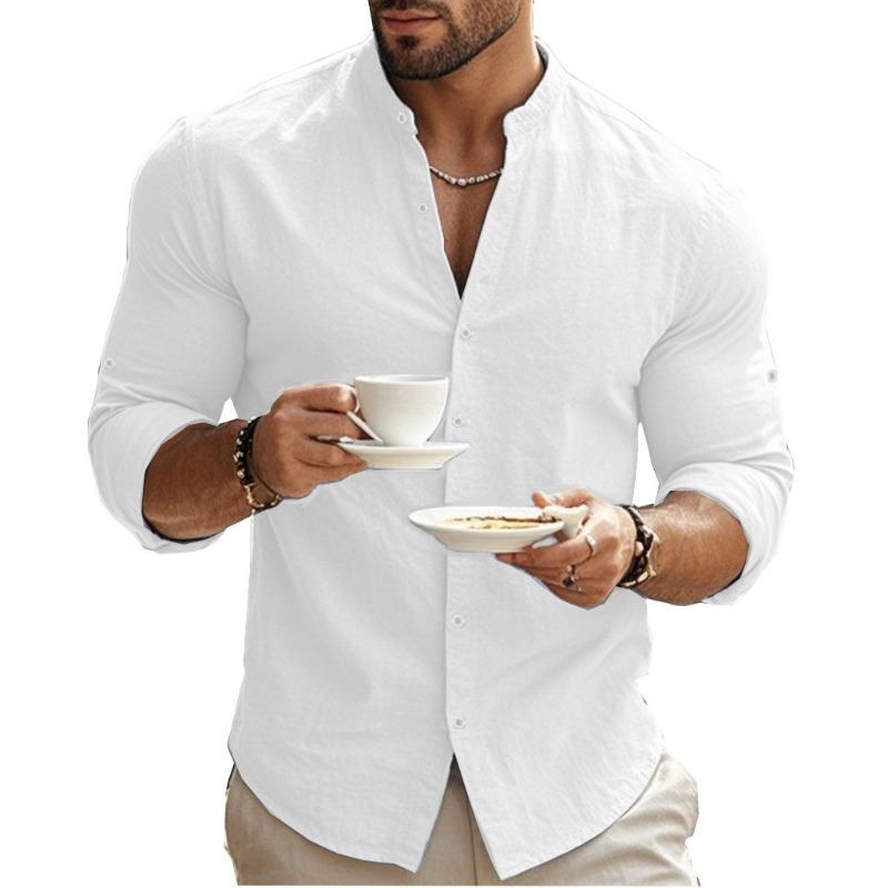 Men S Long Sleeve Stand Collar Solid Color Casual Shirt Plus Size