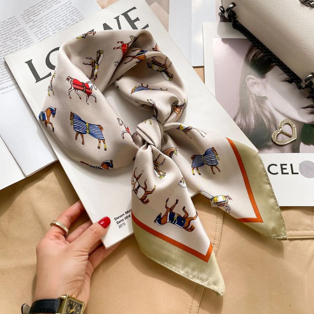 Luxury Design Chain Print Square Silk Scarf Lady Thin Neck Scarves Fashion Summer Sunscreen Headscarf For Women Bandana 70x70cm