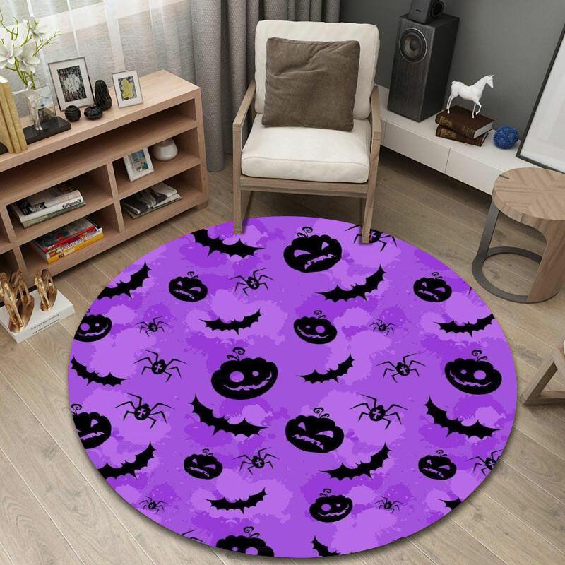 Round Carpet Halloween Pumpkin Bat Spider Silhouette Purple Party Room Decor