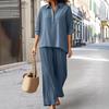 Women's Cotton Linen 2 Piece Set Casual Lapel V Neck Short Sleeve Top Wide Leg Pants Set Summer Loose Lounge Outfits