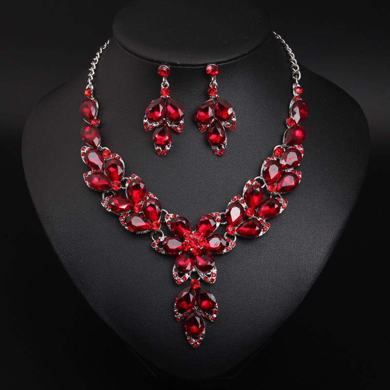 Jewelry Crystal Gemstones Flower Clavicle Necklace Earrings Set Dress Women'S Banquet Accessories