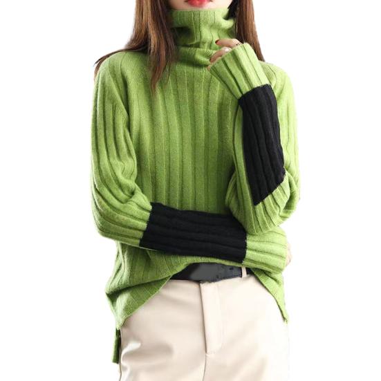 Women Winter Autumn Sweater Turtleneck Neck Protection Long Sleeve Knitted Warm Thick Soft Pullover Color Block Patchwork Lady Sweater