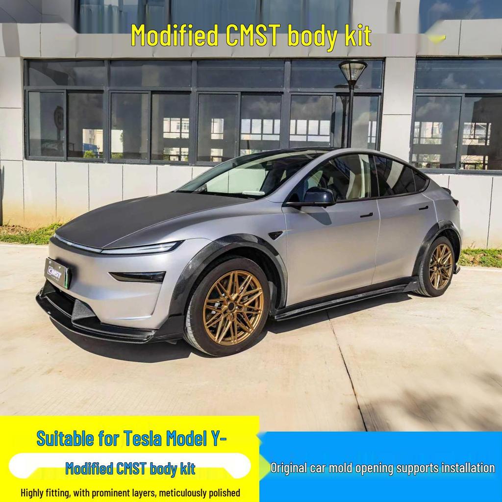 Углепластиковый обвес в стиле CMST для Tesla Model Y: Передний сплиттер, Задний диффузор, Заднее антикрыло, Широкие крылья, Задний бампер.