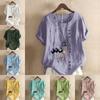 Women's Fashion Round Neck Short Sleeve T-shirt Casual Cotton Linen Graphic Shirt Leisure Loose Balloon Prined Summer Blouse Tops
