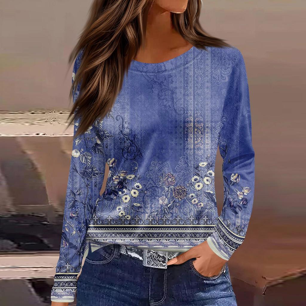 Women's Fashion Casual Slit Hem Round Neck Long Sleeve Loose  Printed T-Shirt Ladies Top