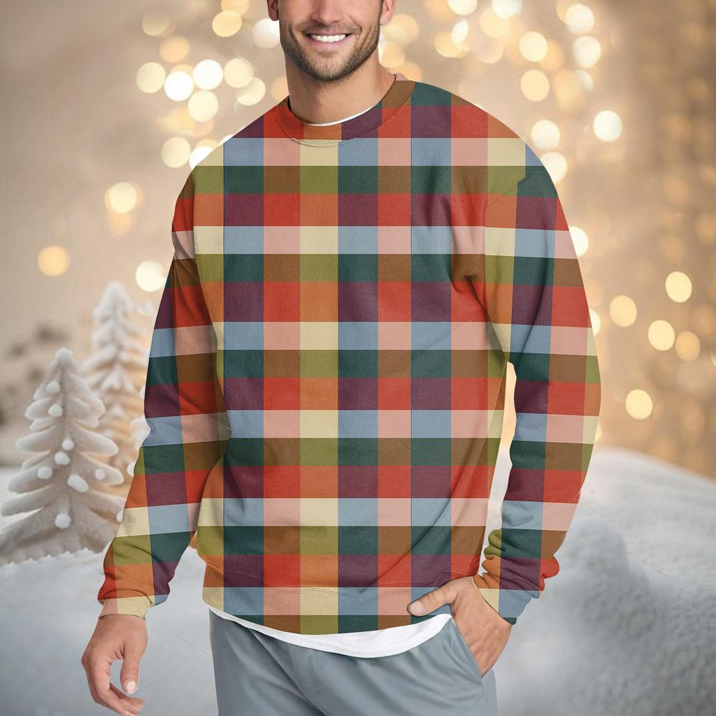 Мужская повседневная мода удобная клетчатая круглая горловина пуловер толстовка свитшот