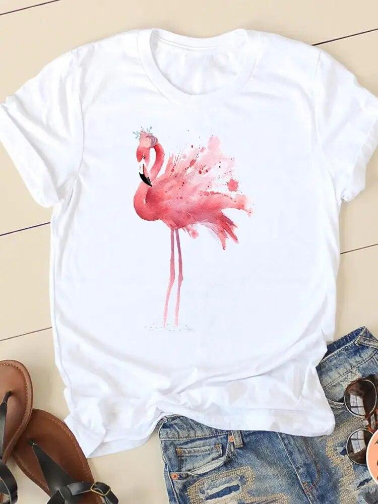 Graphic Tee T-shirts Short Sleeve Ladies Casual Clothing Flamingo Beach 90s Trend Summer Women Fashion Female T Shirt Clothes
