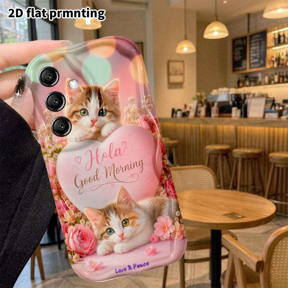Phone case: 2D flat Samsung Galaxy A34 A35 M05 M06 S20 S22 S21 FE Plus 5G cover, good morning theme with two little kittens, Christmas and Halloween g