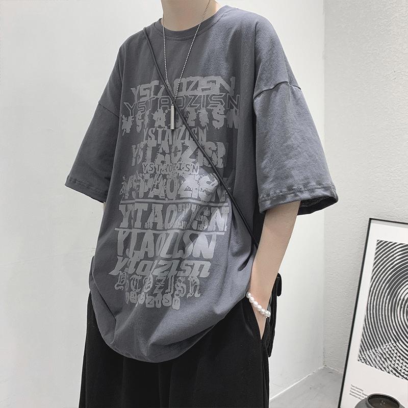 Мужская модная футболка с коротким рукавом в темном стиле с хип-хоп принтом - Свободный крой, Круглый вырез, Летний стиль Гонконг BF