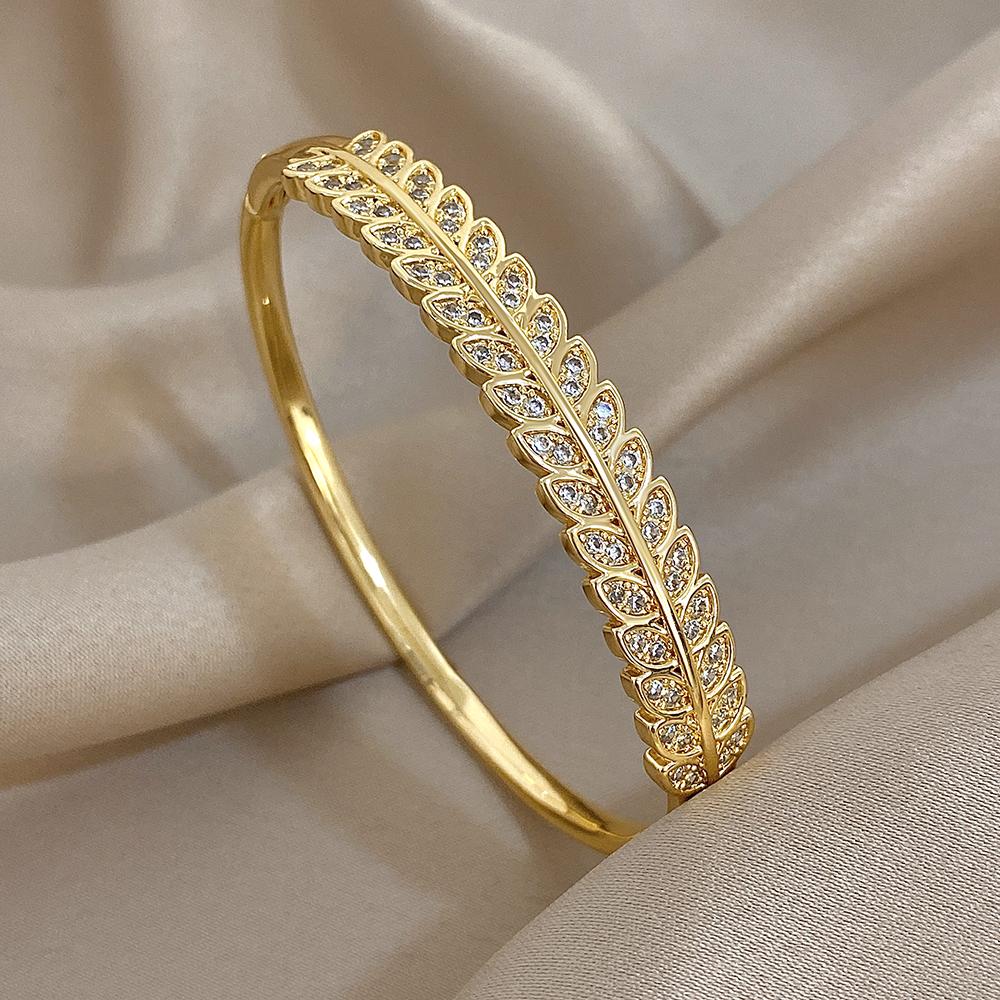 Flashbuy Gold Color Chic Inlaid Zircon Copper Bangle Bracelet For Women Statement New Design Temperament Wrist Fashion Zircon