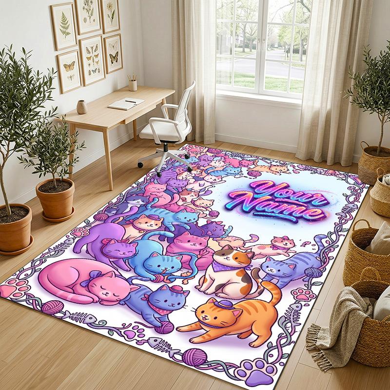 Cat Theme Crystal Velvet Rug Personalized Custom Name Text Soft Floor Mat Home Decor