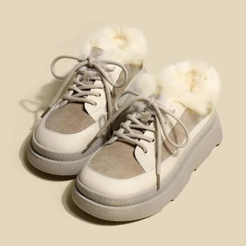 Winter Thicken Plush Ankle Boots Women 2024 New Warm Pu Leather Snow Boots Woman Black Winter Lace-Up Flat Heels Cotton Shoes