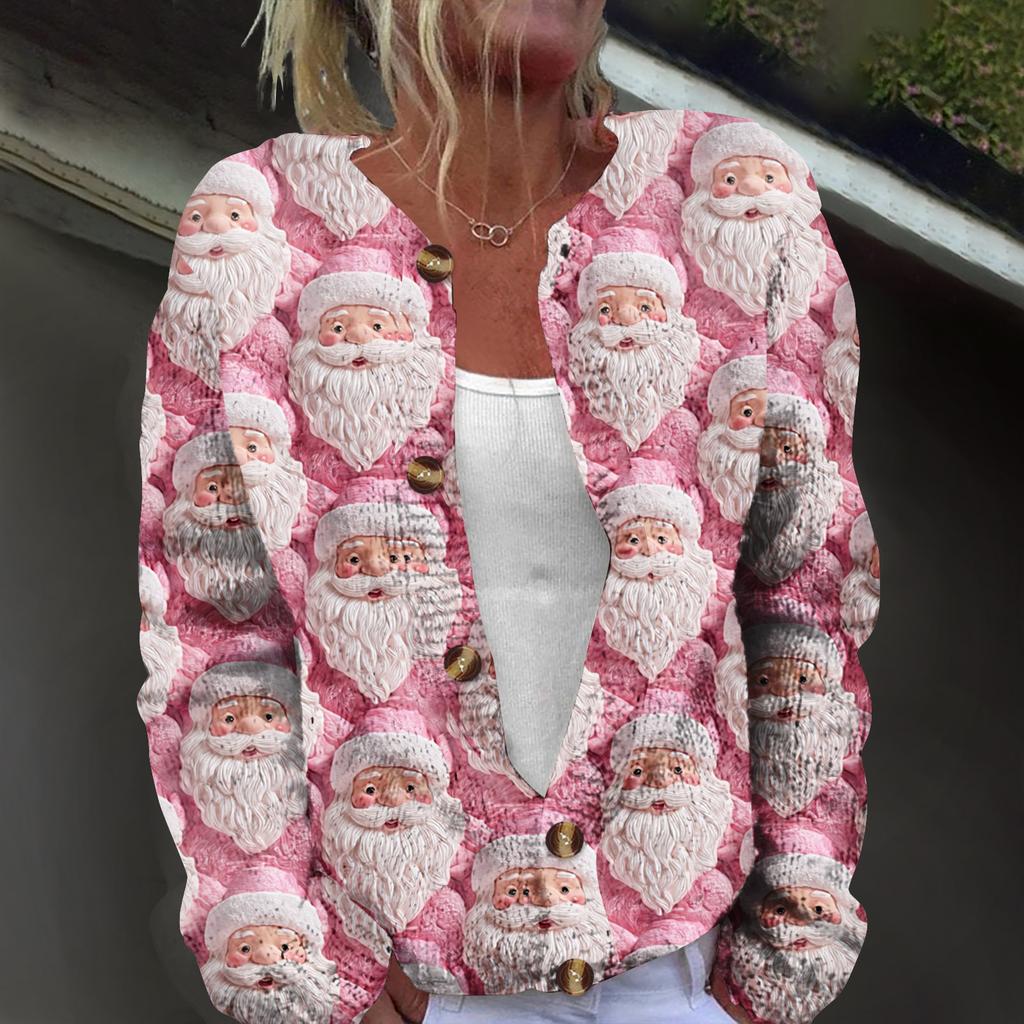 Women's Fashion Christmas Printed Long Sleeve Knitted Cardigan Button Down Jacket
