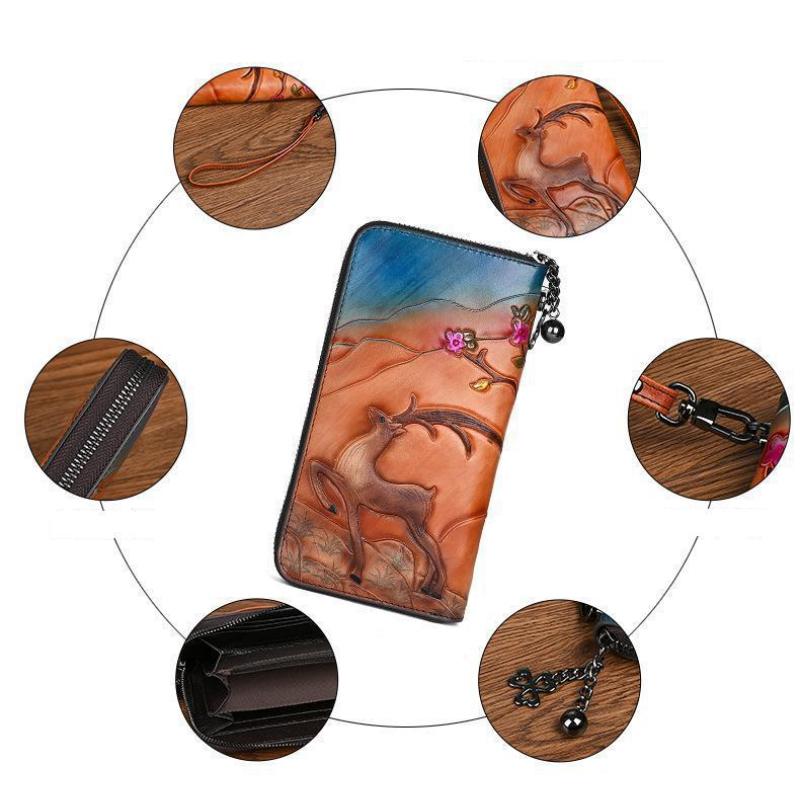 Johnature Vintage Wallet Genuine Leather Deer Head Embossed Women Long Wallets Natural Real Cowhide Hand Purse