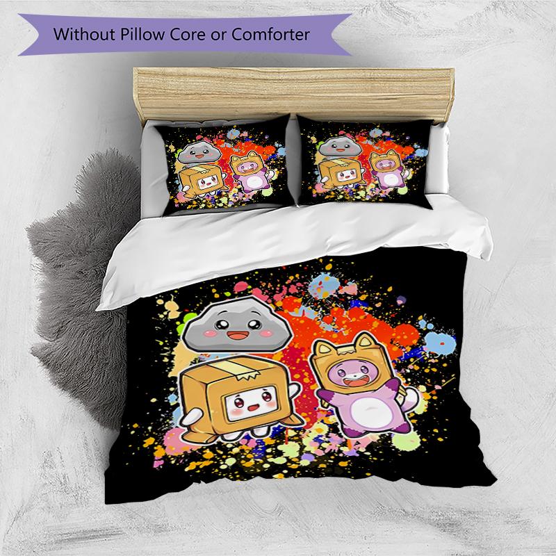 3pcs Lankybox Foxy and Rocky pattern bedding set duvet cover set includes duvet cover &pillowcases, perfect all season bedroom decoration & gift