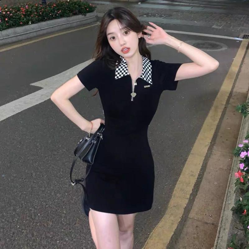 Корейское черное клетчатое платье, женское Kpop с воротником-поло, облегающее мини-короткое платье с запахом, модное облегающее платье, облегающие наряды